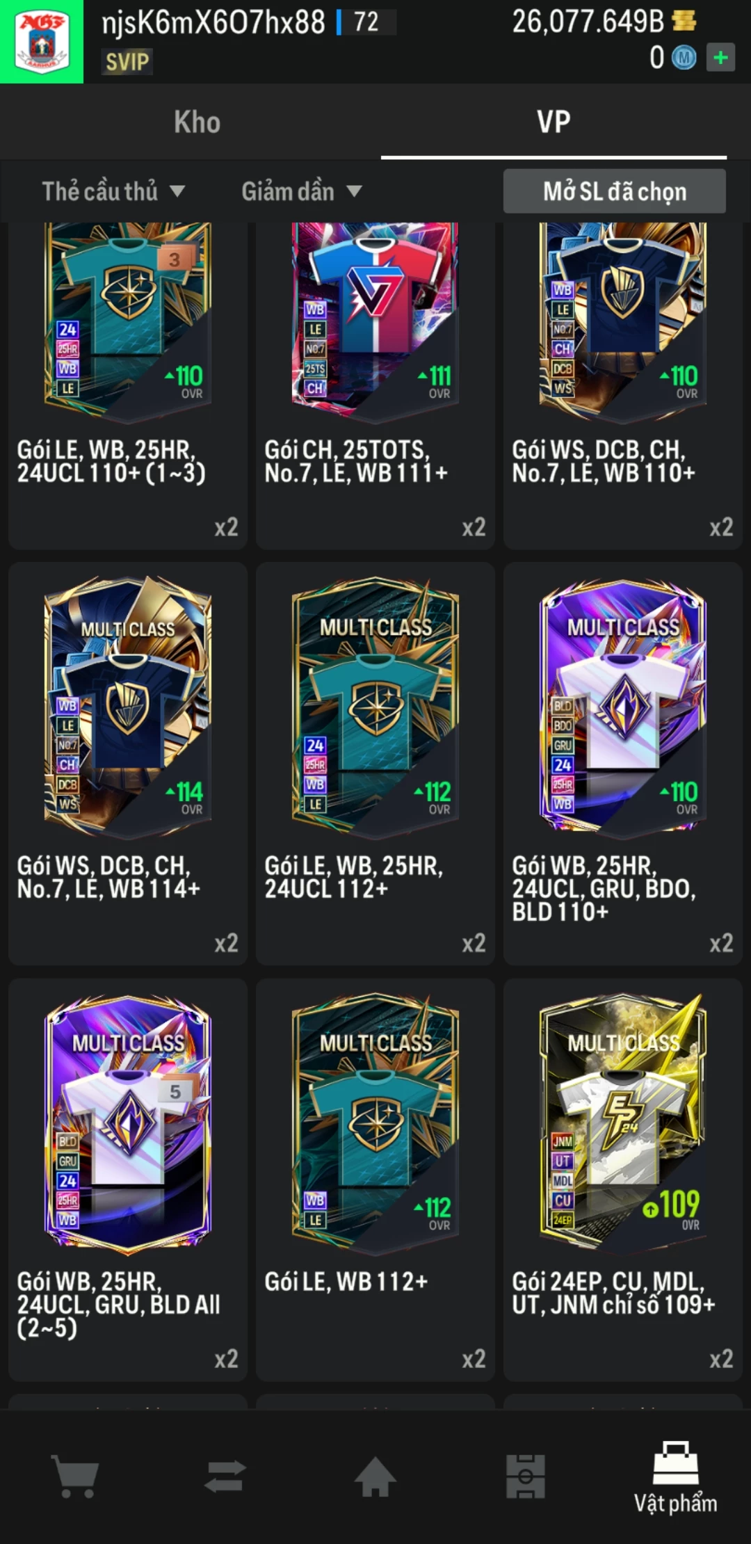 Ảnh ACC mở thẻ (LOẠI SVIP) bao gồm 1 gói thẻ +12 và 500+ đến 600+ thẻ cầu thủ từ Siêu sao đến Miền núi các loại. Có sẵn BP trắng trong acc từ 18.000 tỷ BP đến 26.000 tỷ BP, kèm theo nhiều ngày SVIP